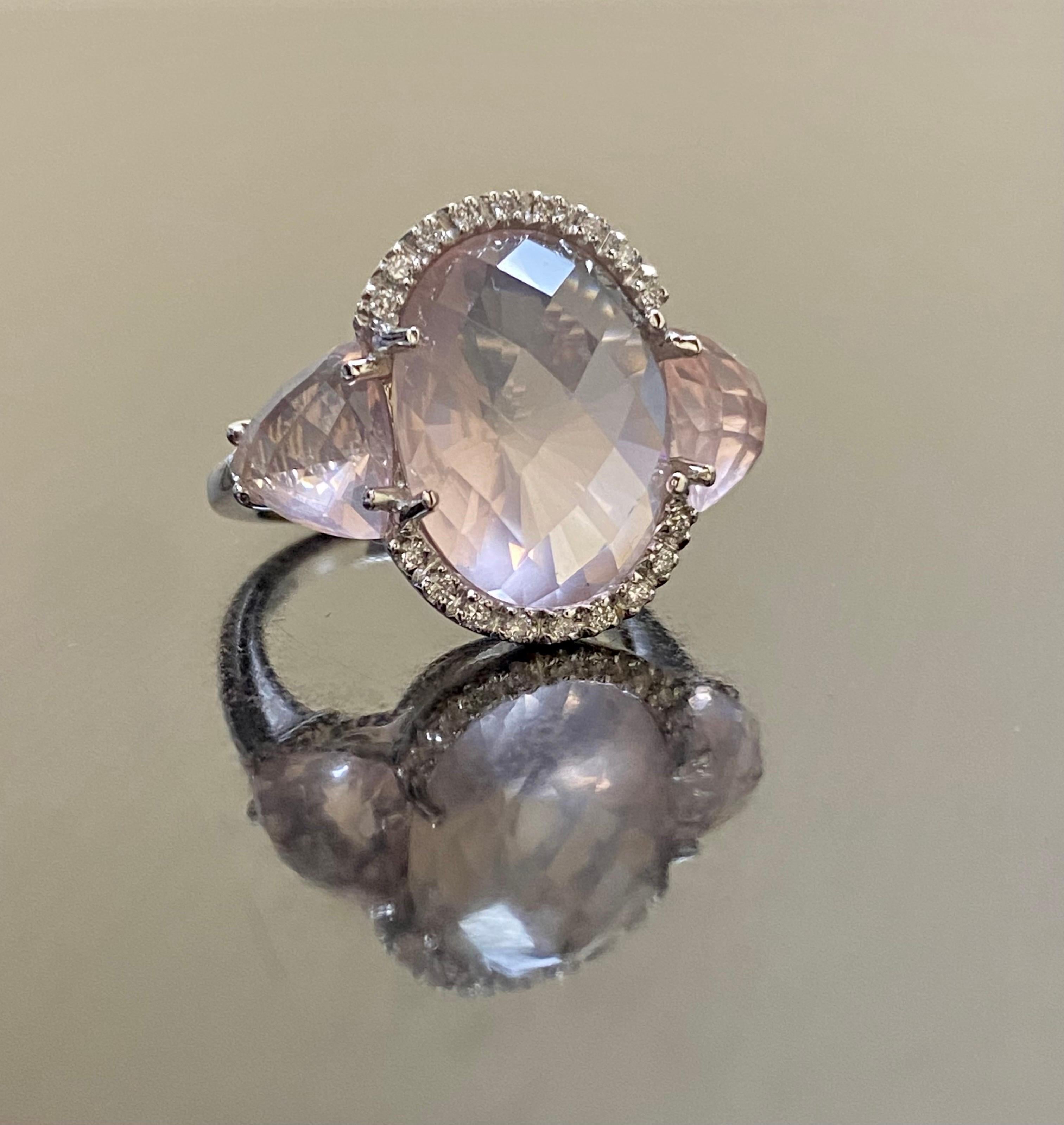 18K White Gold Halo Diamond Three Stone Rose Cut Rose Quartz Engagement Ring For Sale 4