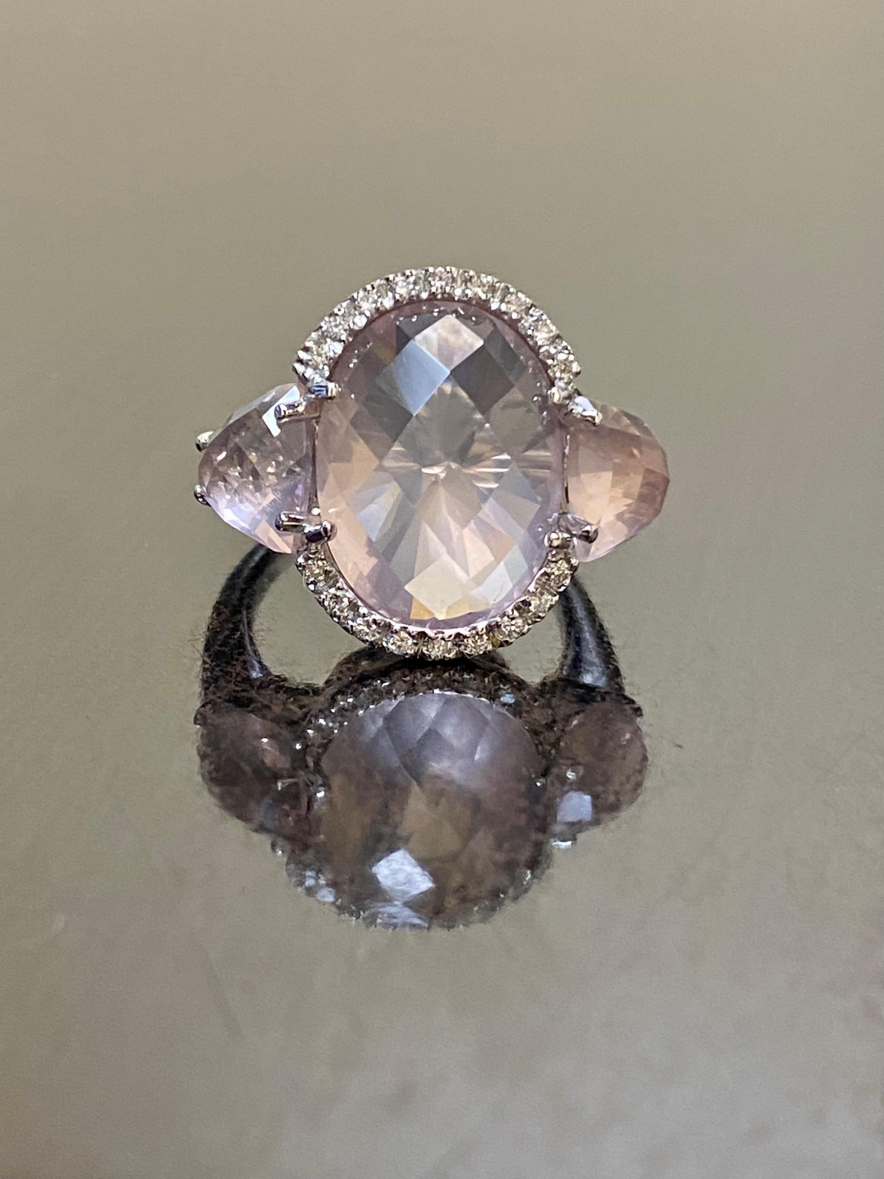 18K White Gold Halo Diamond Three Stone Rose Cut Rose Quartz Engagement Ring For Sale 5