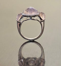 18K White Gold Halo Diamond Three Stone Rose Cut Rose Quartz Engagement Ring