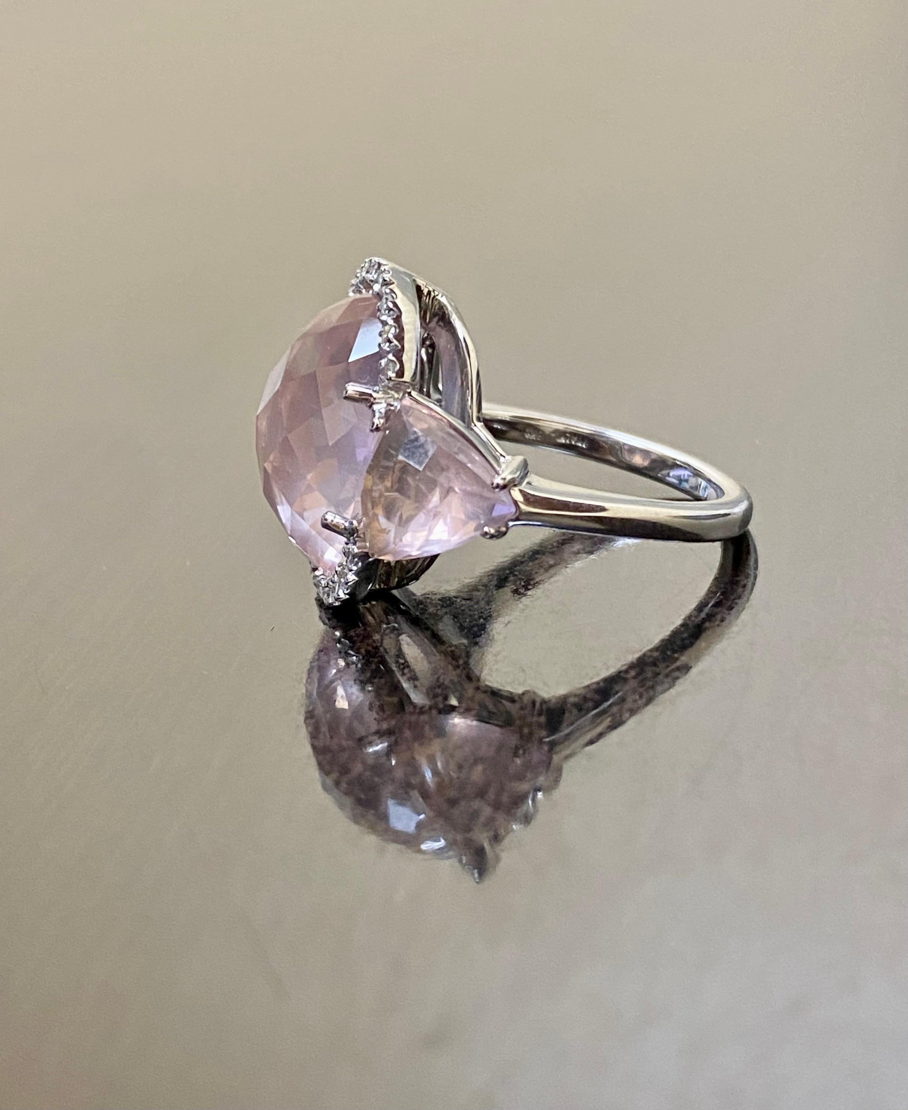 Modern 18K White Gold Halo Diamond Three Stone Rose Cut Rose Quartz Engagement Ring For Sale