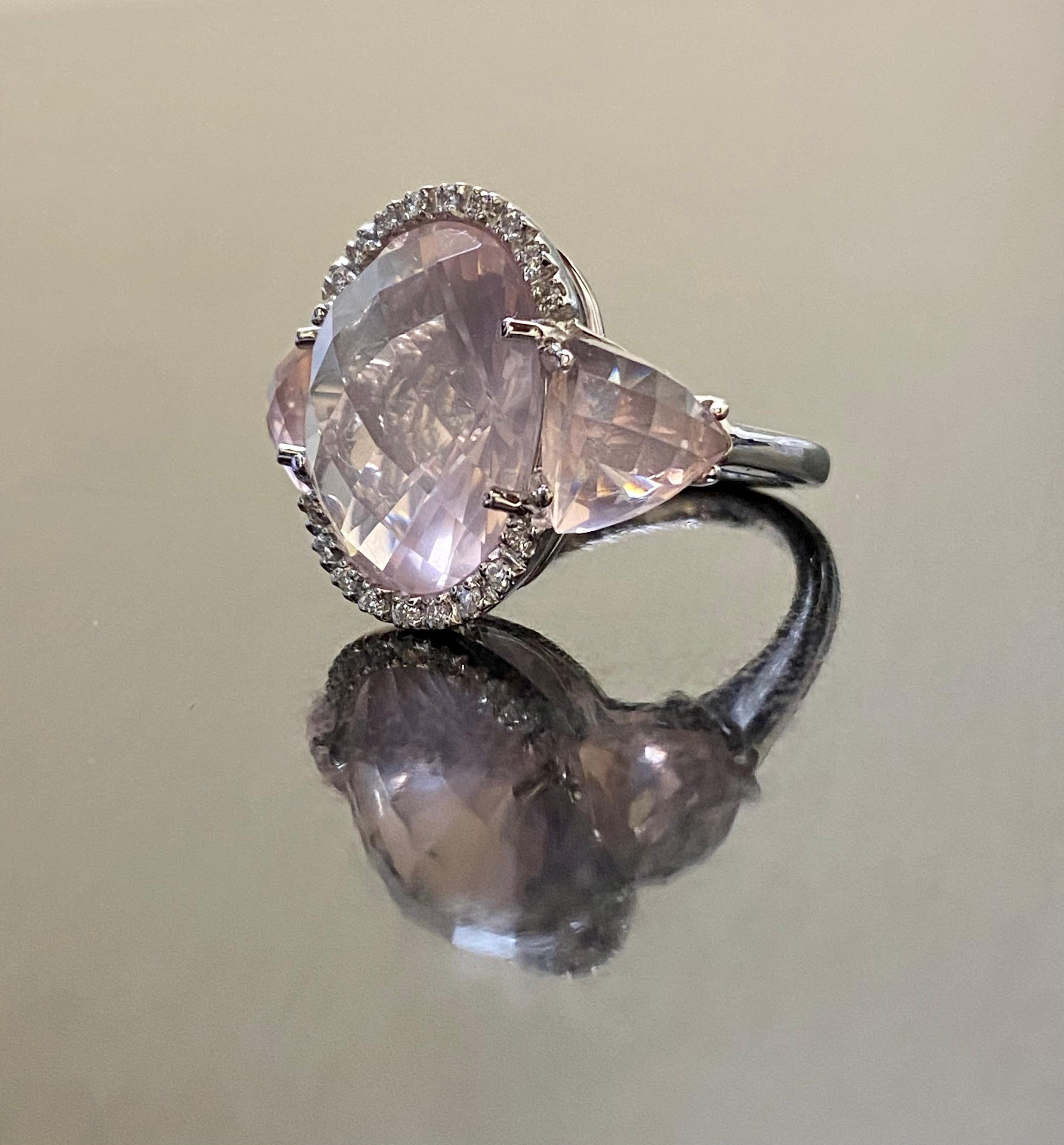 Oval Cut 18K White Gold Halo Diamond Three Stone Rose Cut Rose Quartz Engagement Ring For Sale