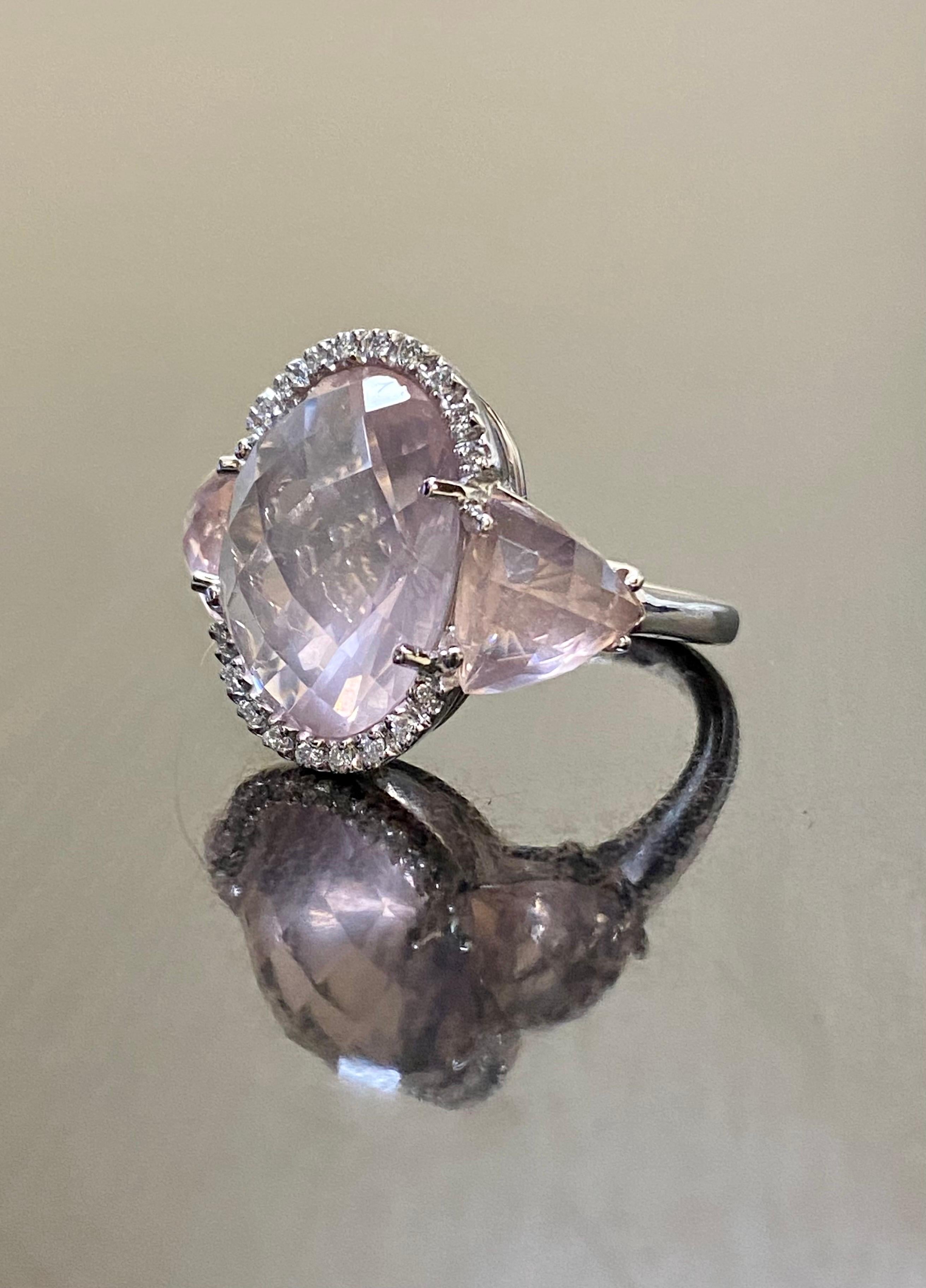 18K White Gold Halo Diamond Three Stone Rose Cut Rose Quartz Engagement Ring In New Condition For Sale In Los Angeles, CA