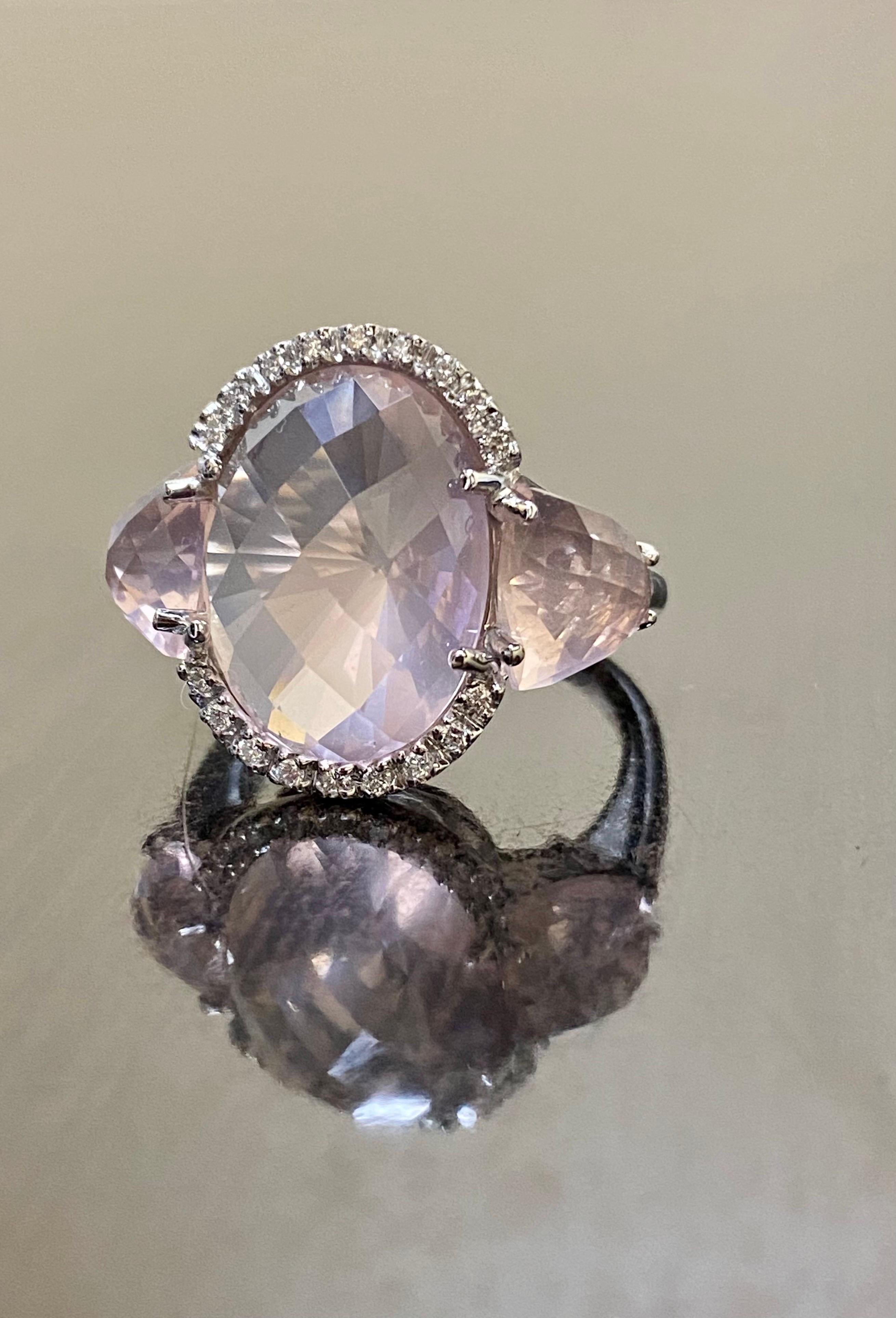 Women's 18K White Gold Halo Diamond Three Stone Rose Cut Rose Quartz Engagement Ring For Sale