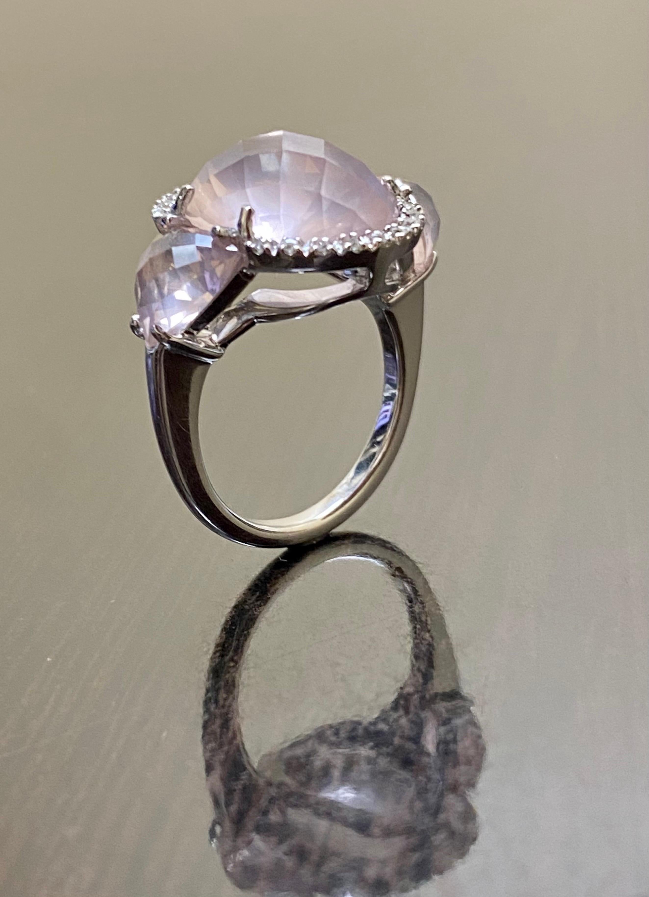 18K White Gold Halo Diamond Three Stone Rose Cut Rose Quartz Engagement Ring For Sale 1