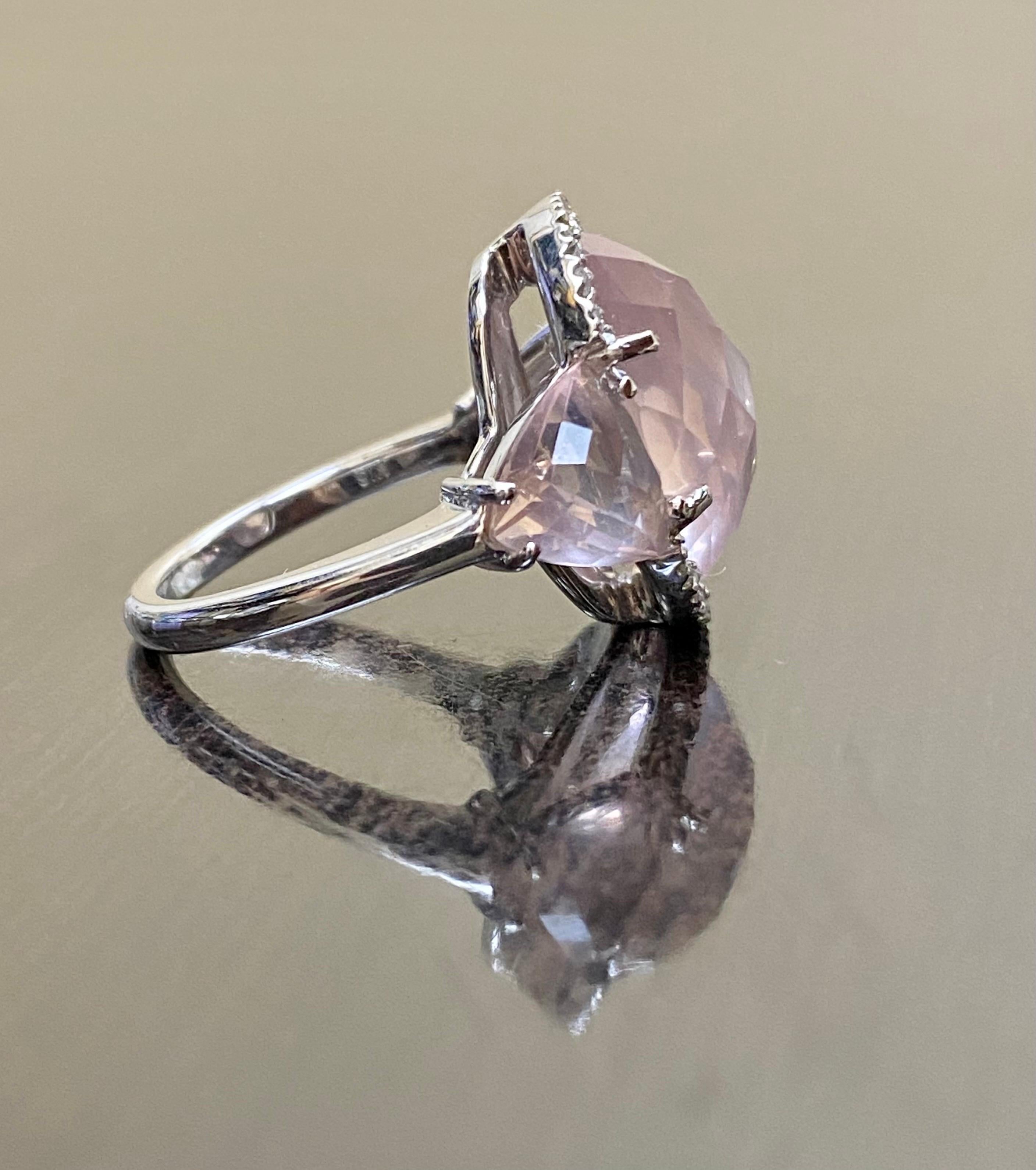 18K White Gold Halo Diamond Three Stone Rose Cut Rose Quartz Engagement Ring For Sale 2
