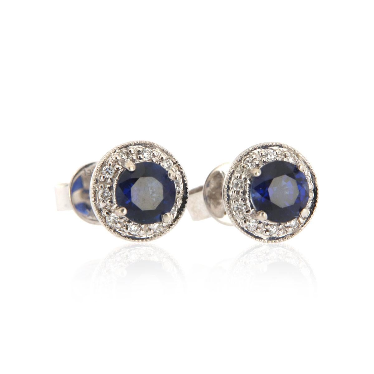 Round Cut 18 Karat White Gold Halo Diamonds and Blue Sapphires Earrings '1 Carat' For Sale