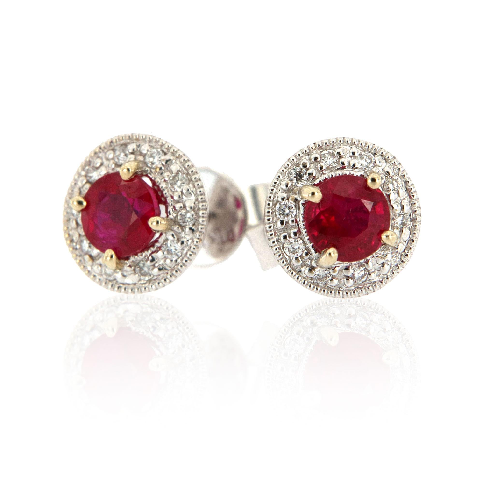 Round Cut 18 Karat White Gold Halo Diamonds and Ruby Earrings '3/4 Carat' For Sale