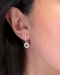 Round Ruby Drop Earrings in 18K White Gold with Halo Diamonds & Hinged Leverback