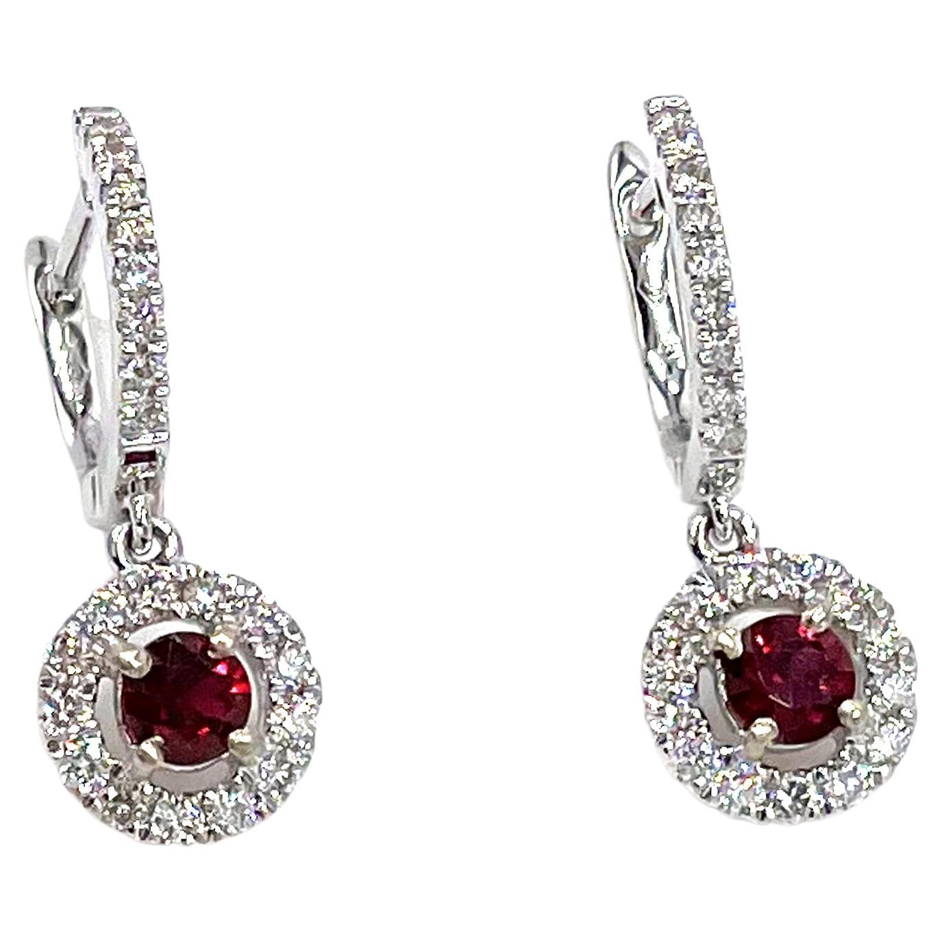 18K White Gold Halo Drop Ruby Earrings For Sale