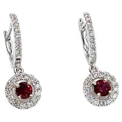 Round Ruby Drop Earrings in 18K White Gold with Halo Diamonds