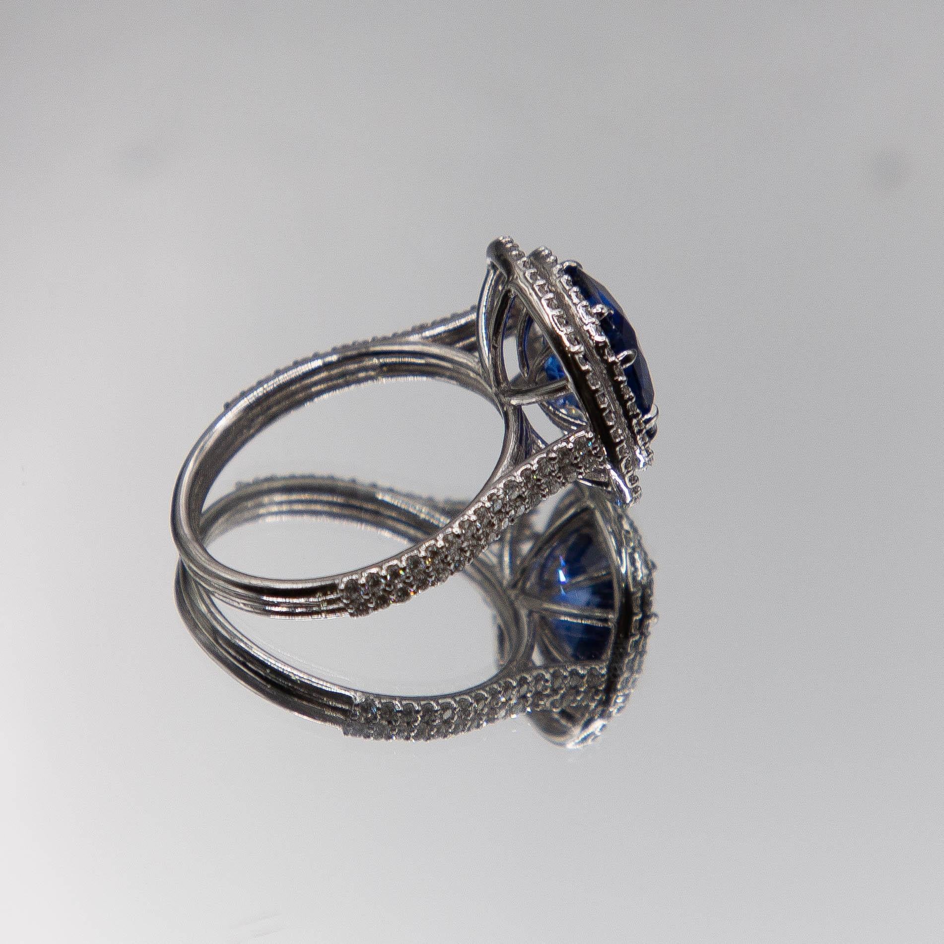 18k White Gold Halo/ Intense Blue Sapphire 6.39 Carats/ 132 Diamonds 0.66 Cts For Sale 1