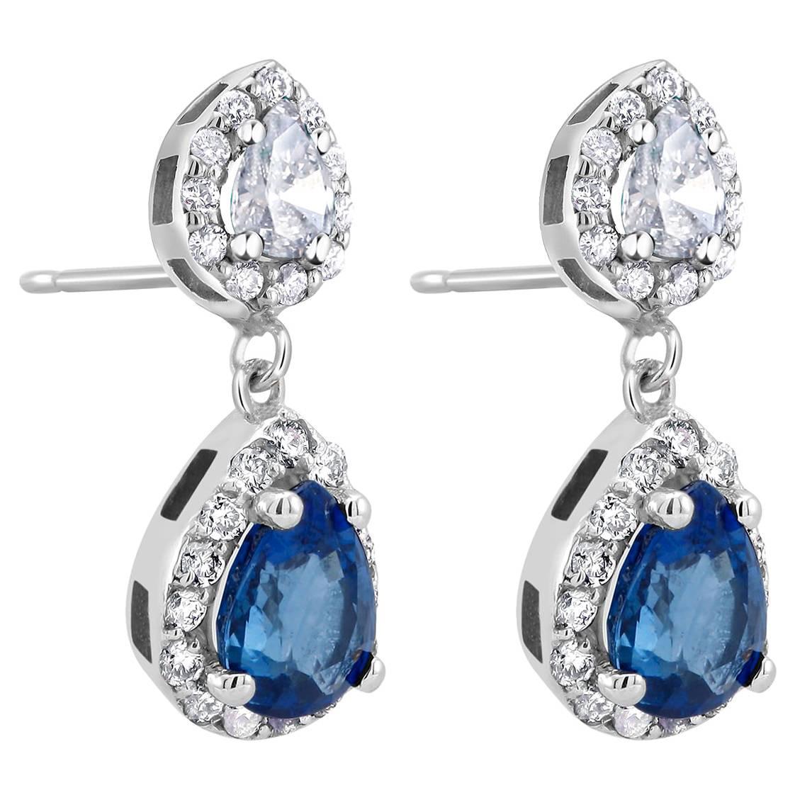 18k White Gold Halo Pear Shape Sapphire Diamond Drop Earrings