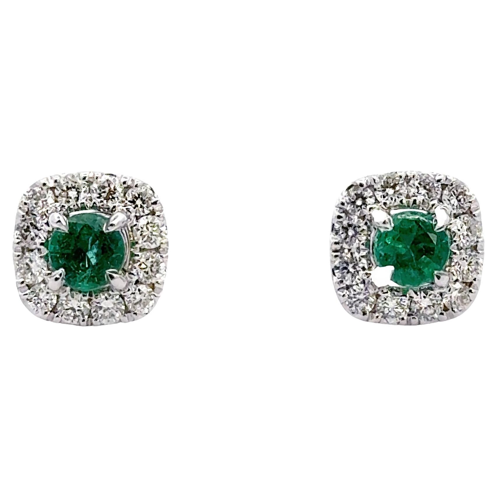 18K White Gold Halo Style Earrings with Emeralds and Diamonds For Sale
