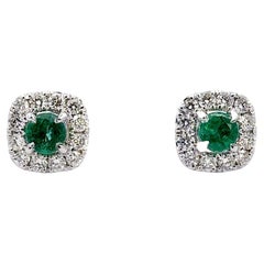 18K White Gold Halo Style Earrings with Emeralds and Diamonds