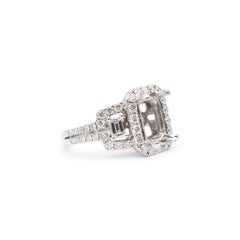 18K White Gold Halo Three Stone Diamond Rectangular Semi Mount Engagement Ring