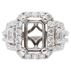 18K White Gold Halo Three Stone Diamond Rectangular Semi Mount Engagement Ring