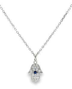 18K White Gold Hamsa Evil Eye Necklace with Blue Sapphire & Diamonds