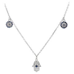 18K White Gold Hamsa Evil Eye Necklace with Blue Sapphire & Diamonds