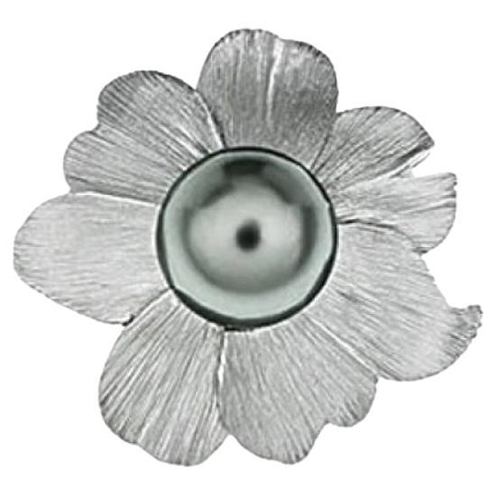 18k White Gold Hand-Crafted Flower Brooch with Tahitian Pearl, by Gloria Bass