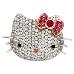 18k White Gold Happy Kitty Diamond and Ruby Ring Size: 7 14.2 grams