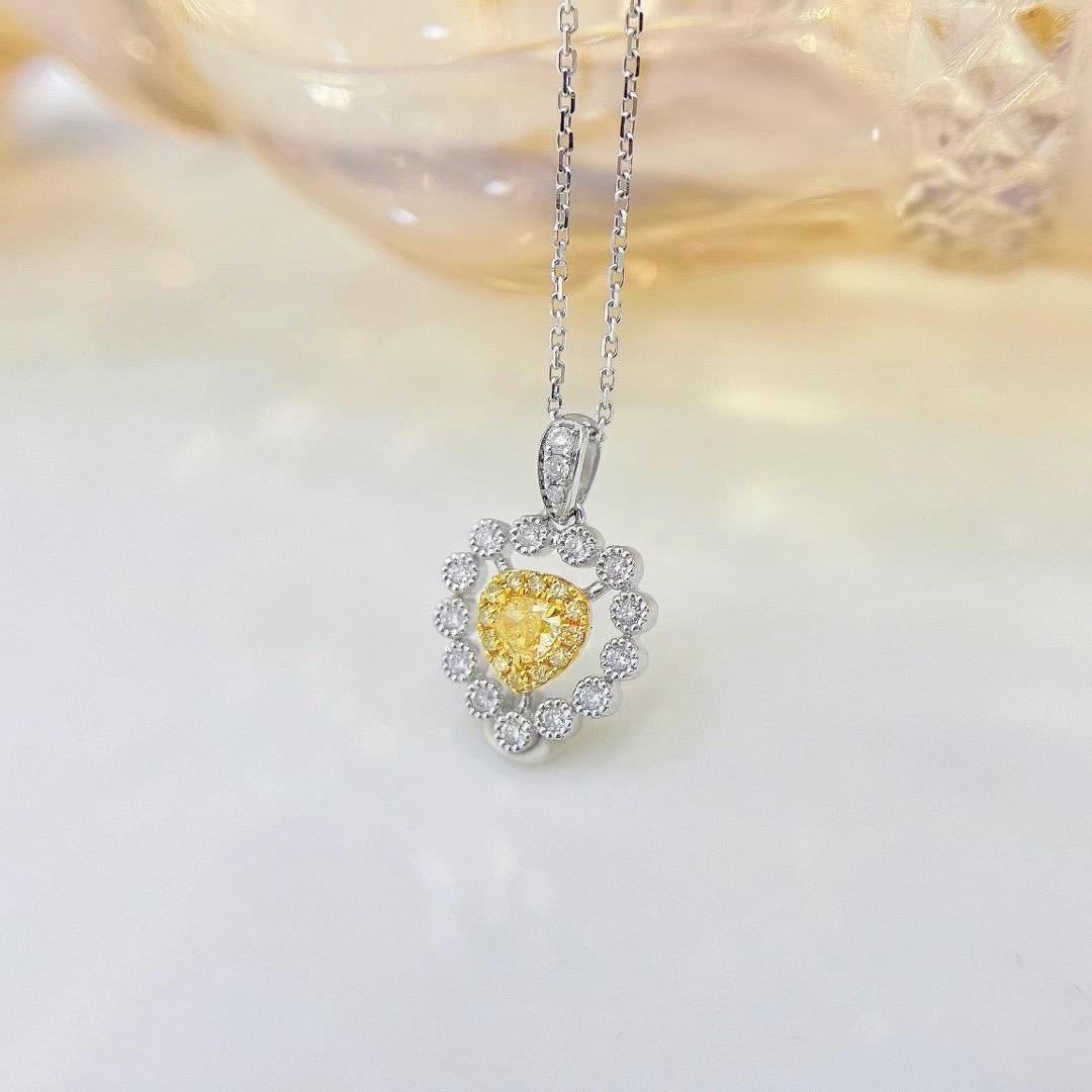 Heart Cut 18K White Gold Heart-Cut Yellow Diamond & Round Diamond Pendant Necklace For Sale