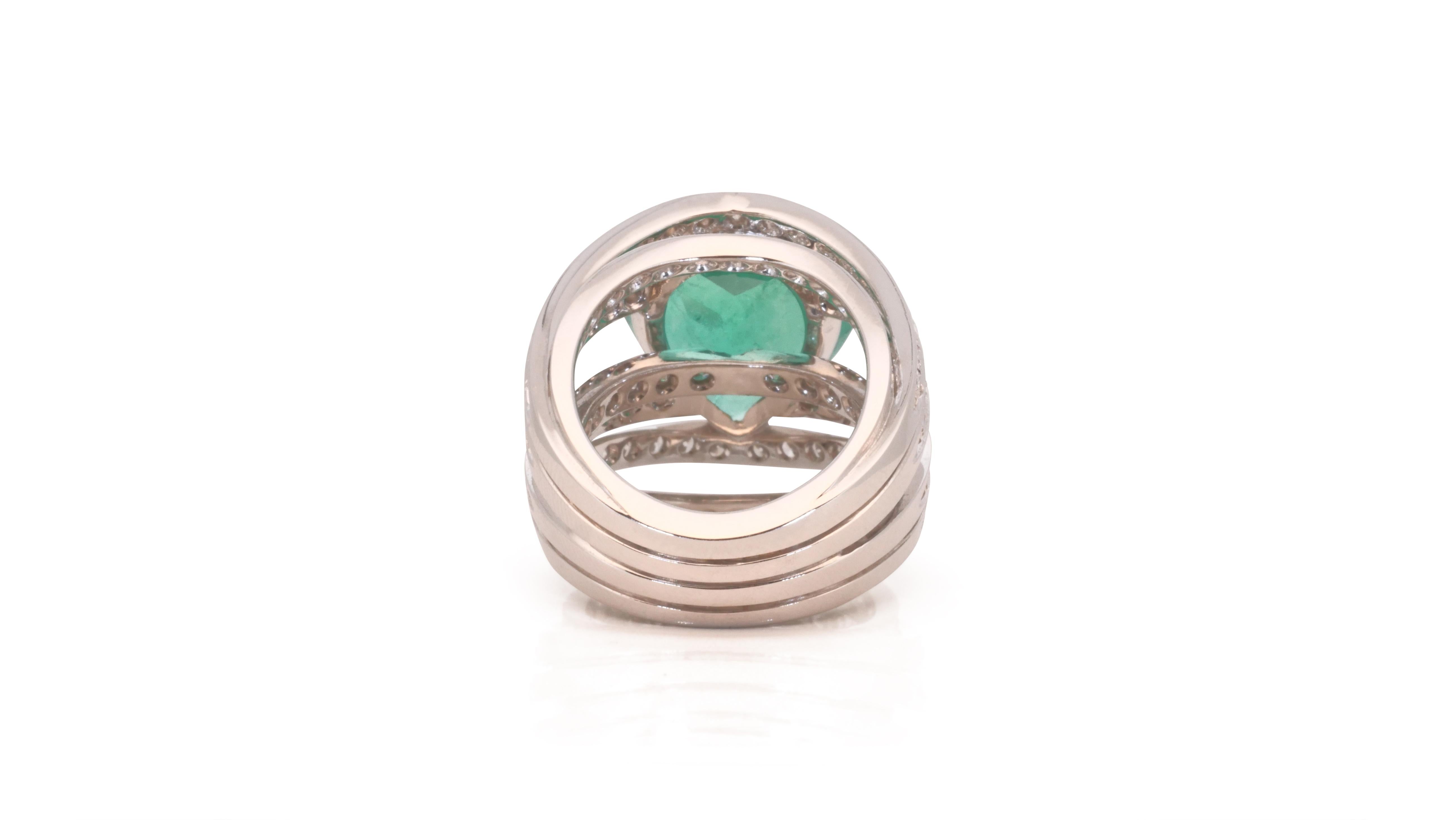 18k White Gold Heart Dome Ring 8.51 Carat Natural Emerald and Diamonds Grs Cert For Sale 1