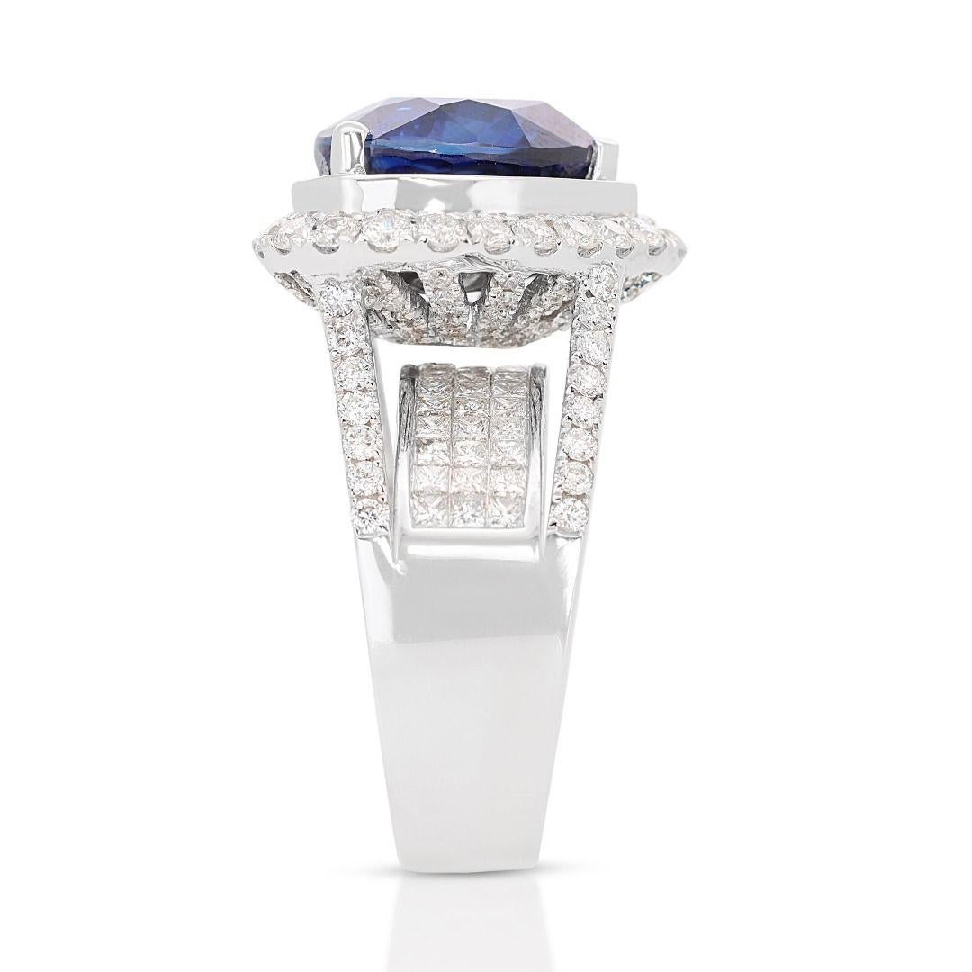Women's 18k White Gold Heart Dome Ring w/ 18.14ct Natural Sapphire & Diamonds GRS Cert. For Sale