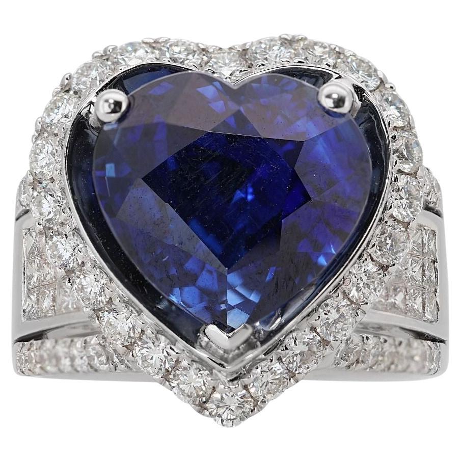 18k White Gold Heart Dome Ring w/ 18.14ct Natural Sapphire & Diamonds GRS Cert. For Sale