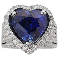18k White Gold Heart Dome Ring w/ 18.14ct Natural Sapphire & Diamonds GRS Cert.