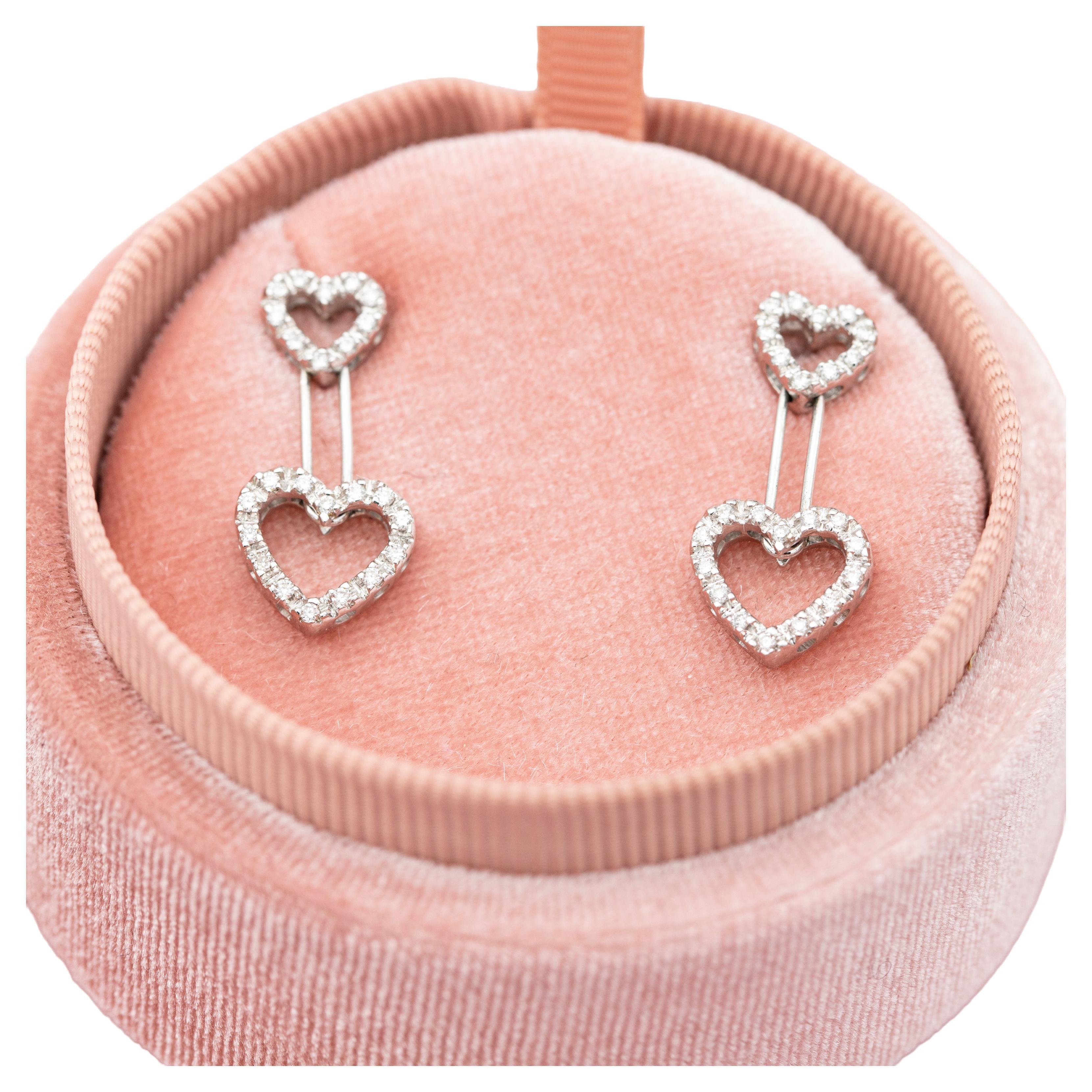18K white gold heart earrings - estate swinging diamond studs - Romantic gift 