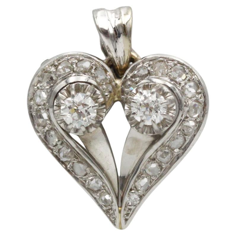 18K White Gold Heart Pendant with 2 Brilliant & 22 Rose-Cut Diamonds
