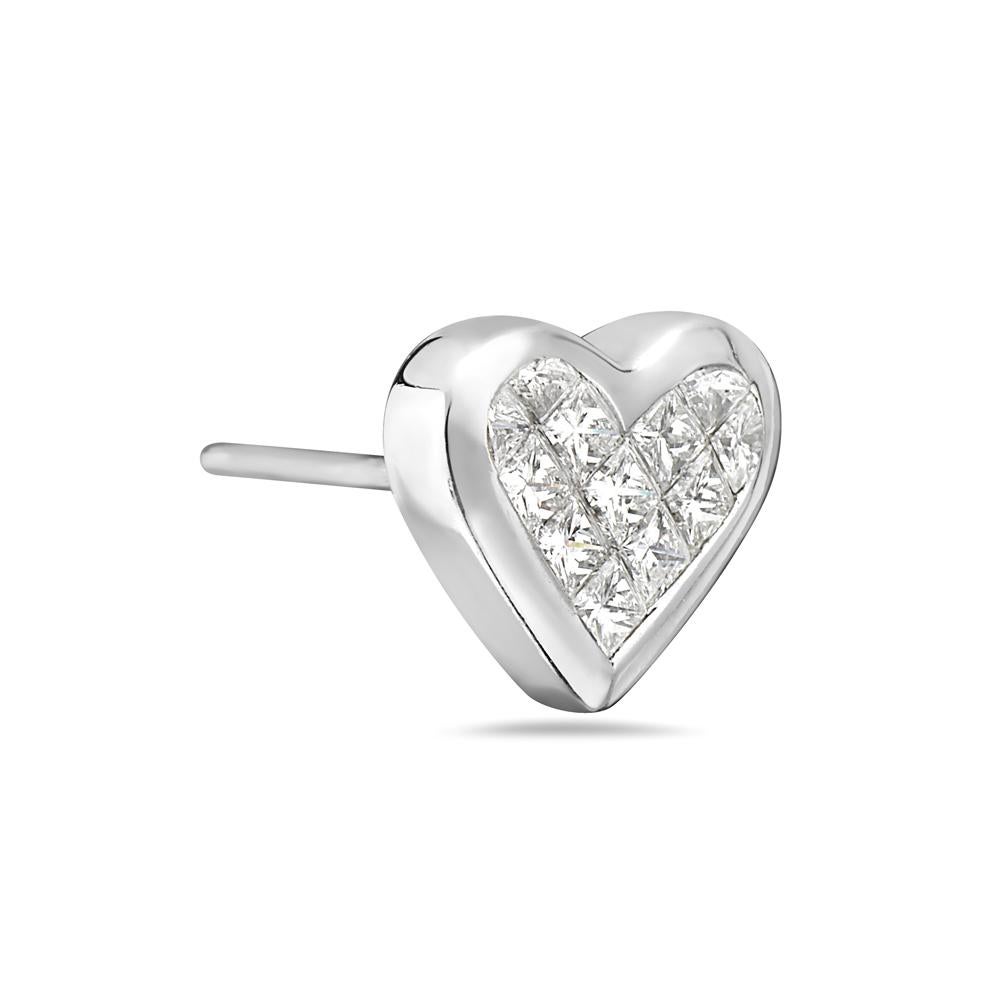 These heart shape earrings feature 1.0 carats of G VS channel set princess cut diamonds set in 18K white gold. 5.1 grams total weight. Post back for pierced ears. Made in Italy. 

Viewings available in our NYC showroom by appointment. 

