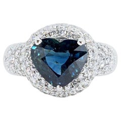 18K White Gold Heart Ring with 5.20 Ct Natural Diamonds and Sapphire, NGI Cert
