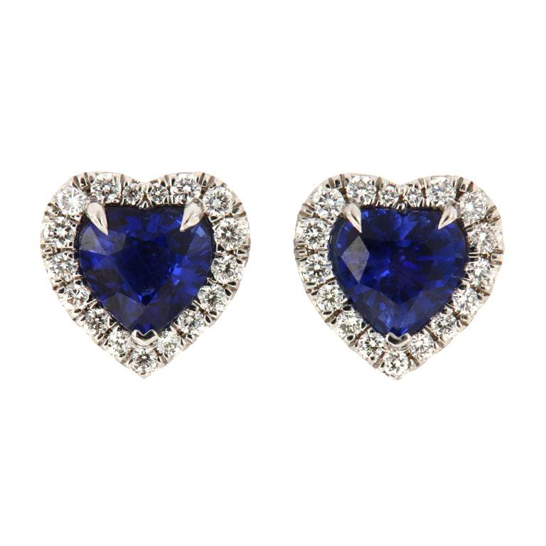 18k White Gold Heart Shape Blue Sapphires and Diamonds Halo Earrings 3 3/4 Carat