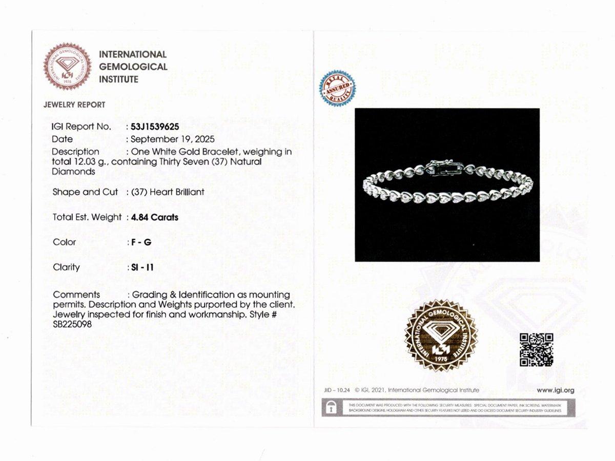 Pulsera de tenis con diamantes en forma de corazón de oro blanco de 18 quilates - 4,84 quilates en venta 4