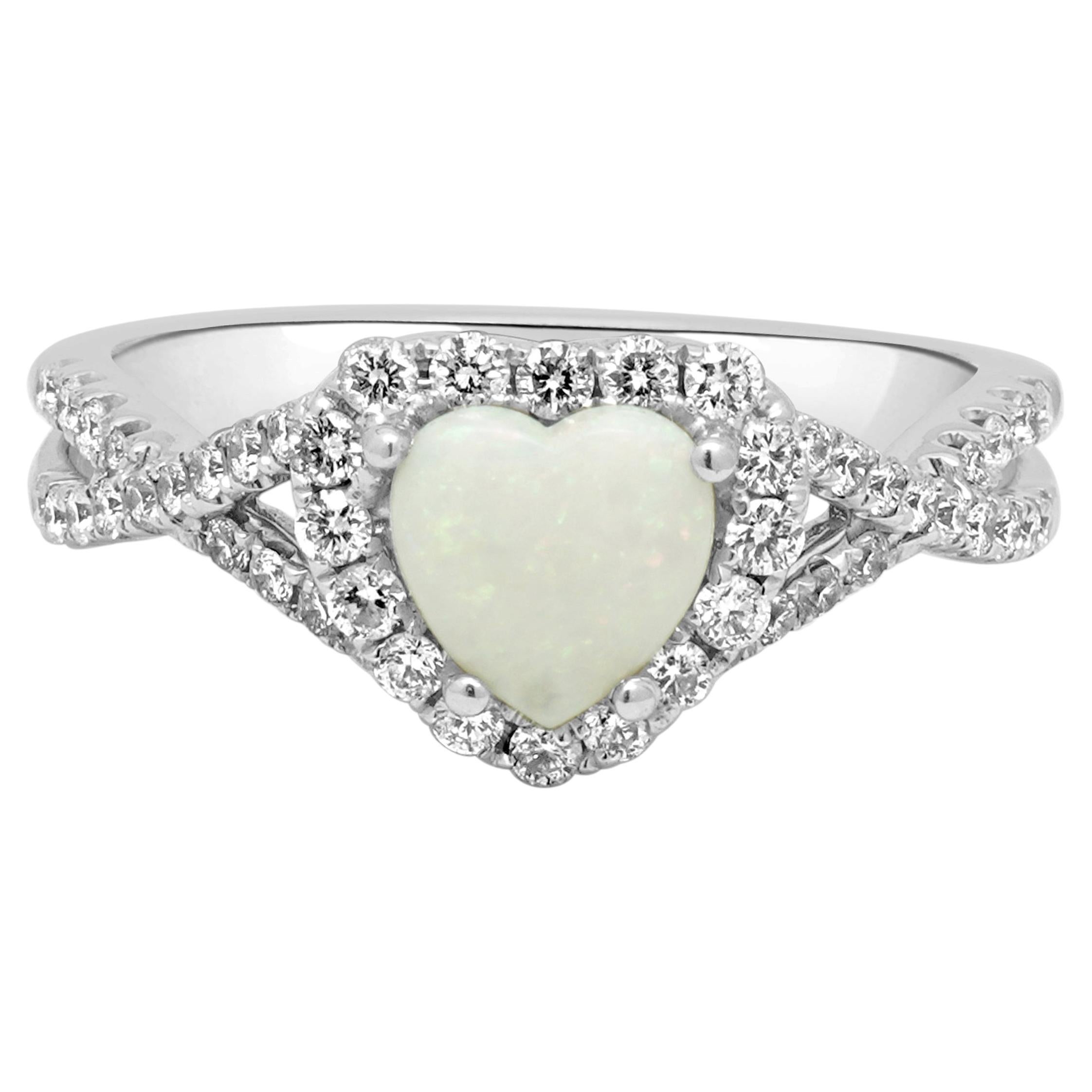 18K White Gold Heart-Shaped Cabochon Cut White Opal and Round Diamond Halo Ring For Sale