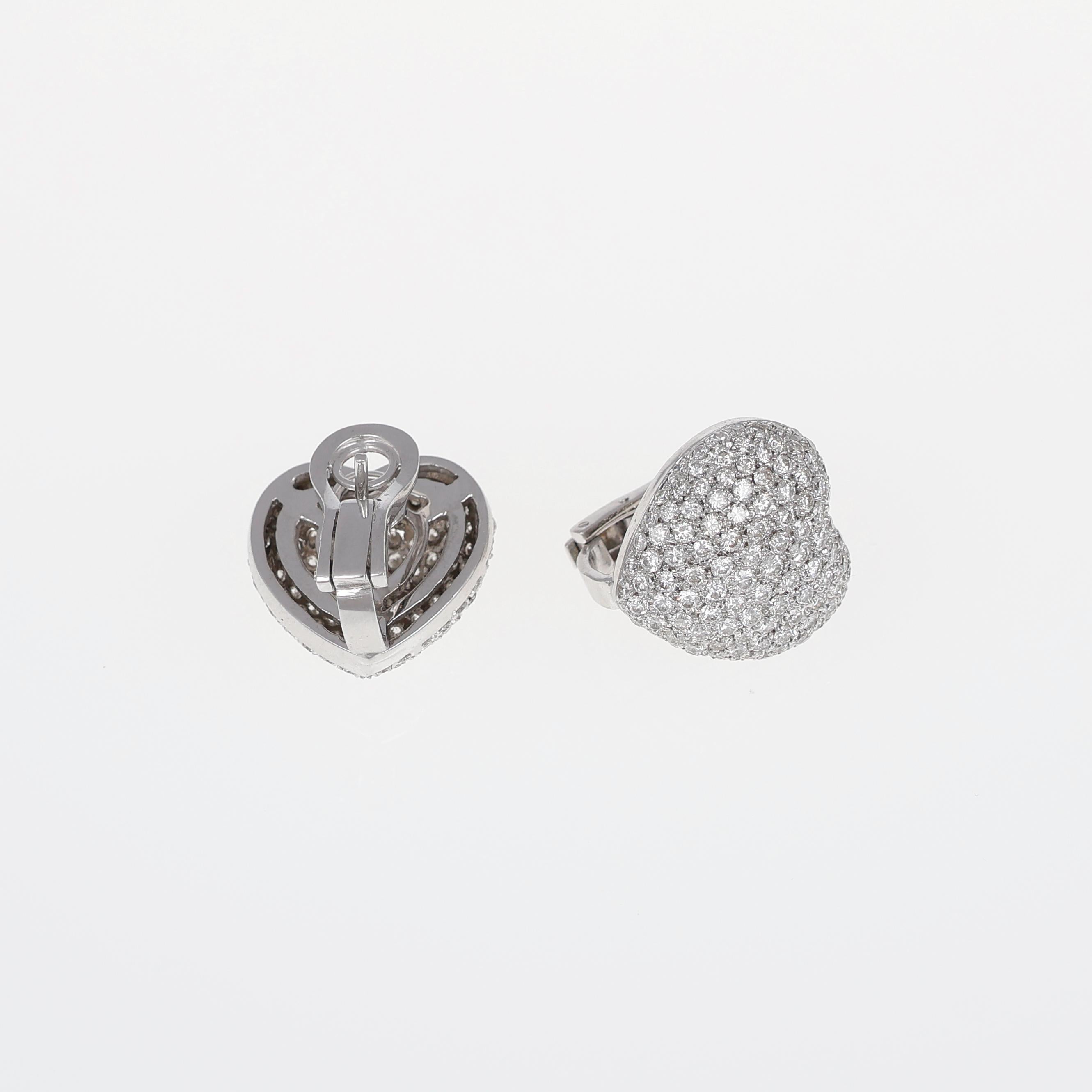 Women's or Men's 18K White Gold Heart-Shaped Diamond Pavé Earrings For Sale