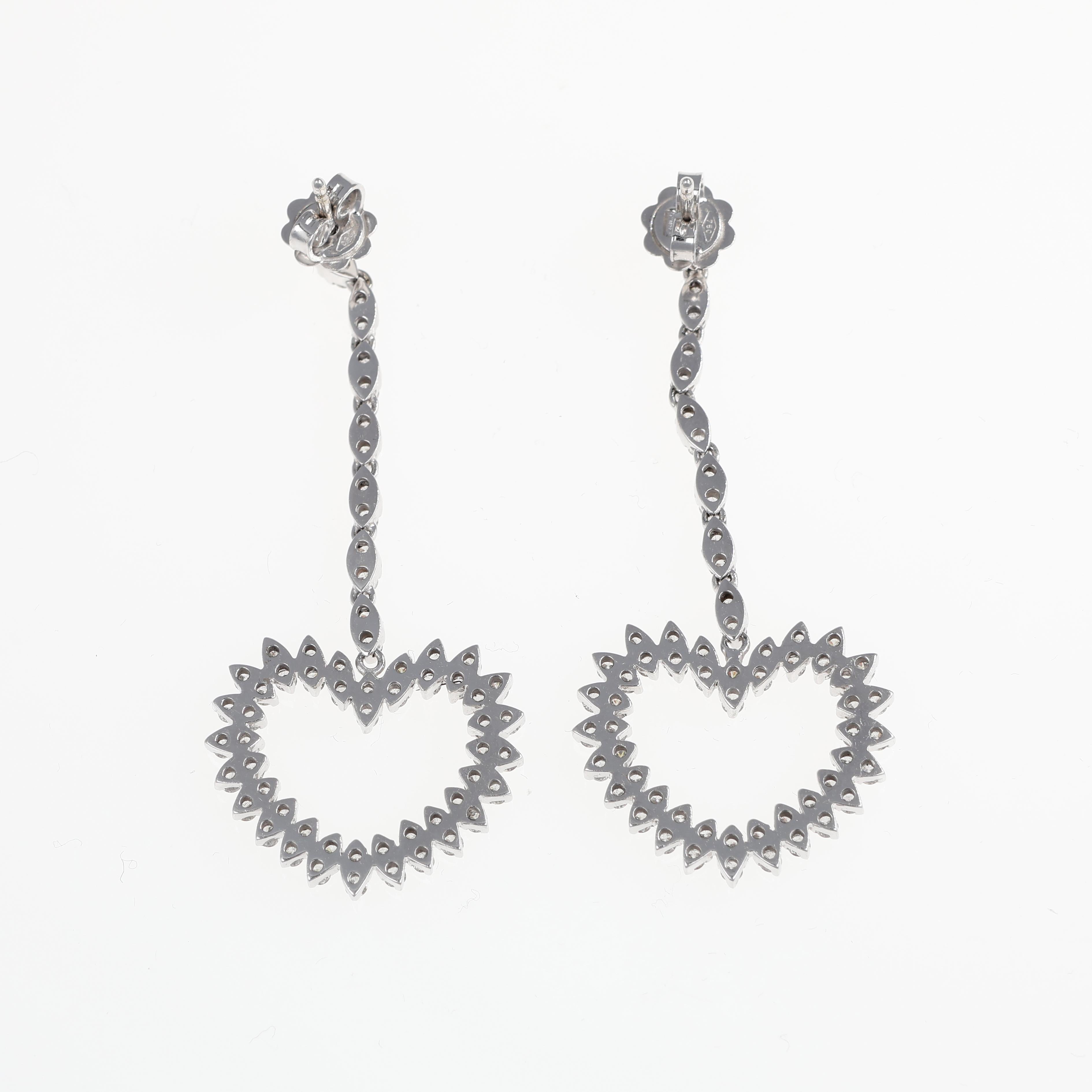 Brilliant Cut 18K White Gold Heart-Shaped Drop Earrings with Diamonds For Sale