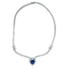 18k White Gold Heart-Shaped Sapphire and Diamond Necklace