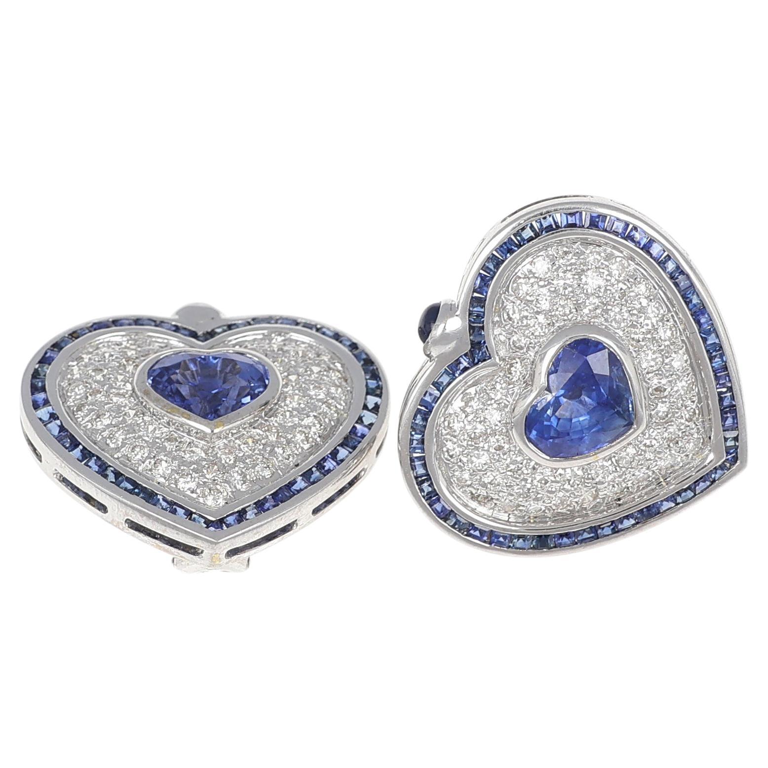 18K White Gold Heart-Shaped Sapphire and Diamond Stud Earrings