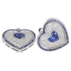 18K White Gold Heart-Shaped Sapphire and Diamond Stud Earrings
