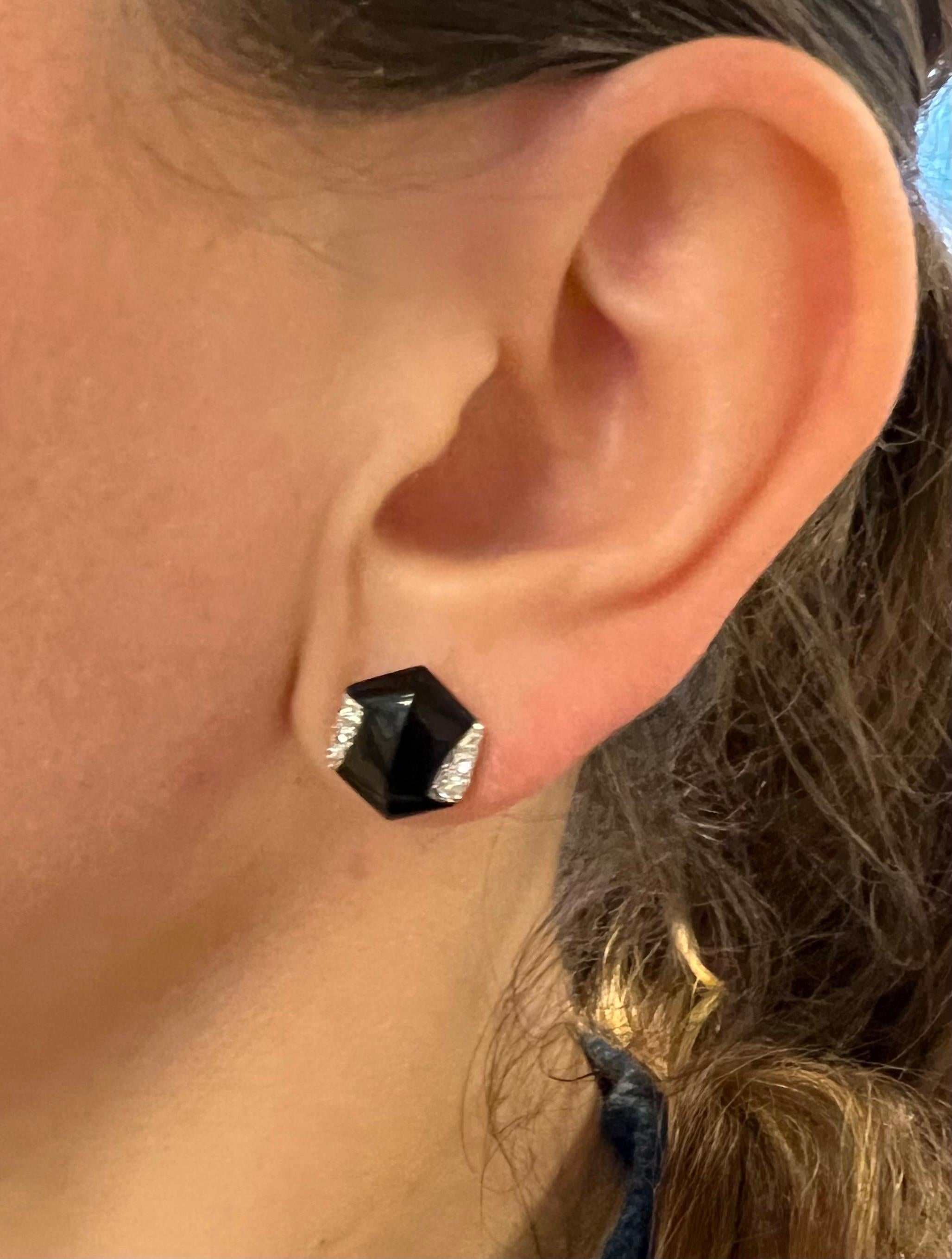 Art Deco 18k White Gold Hexagon Stud Earrings with Handcut Black Onyx and Diamonds For Sale