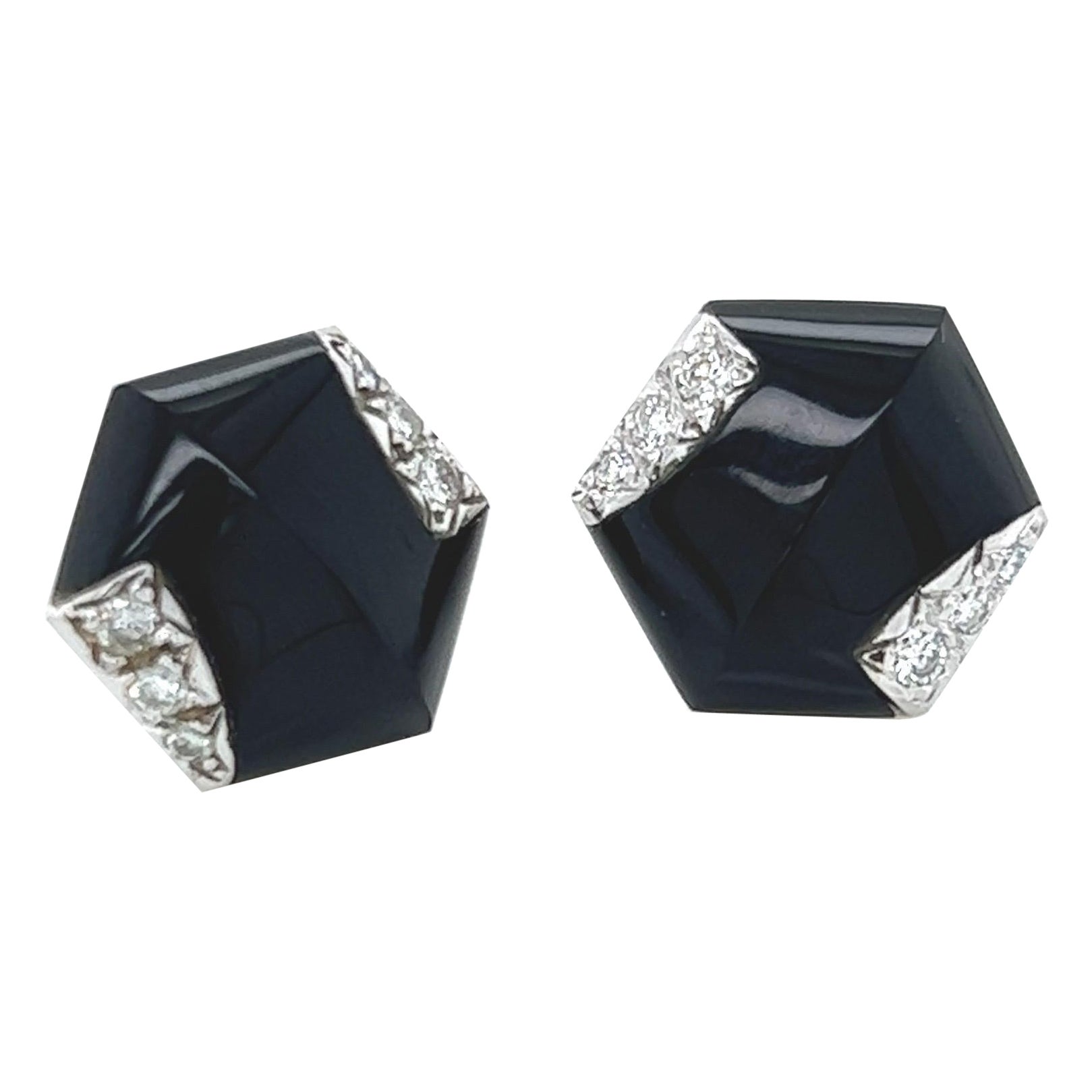 18k White Gold Hexagon Stud Earrings with Handcut Black Onyx and Diamonds For Sale
