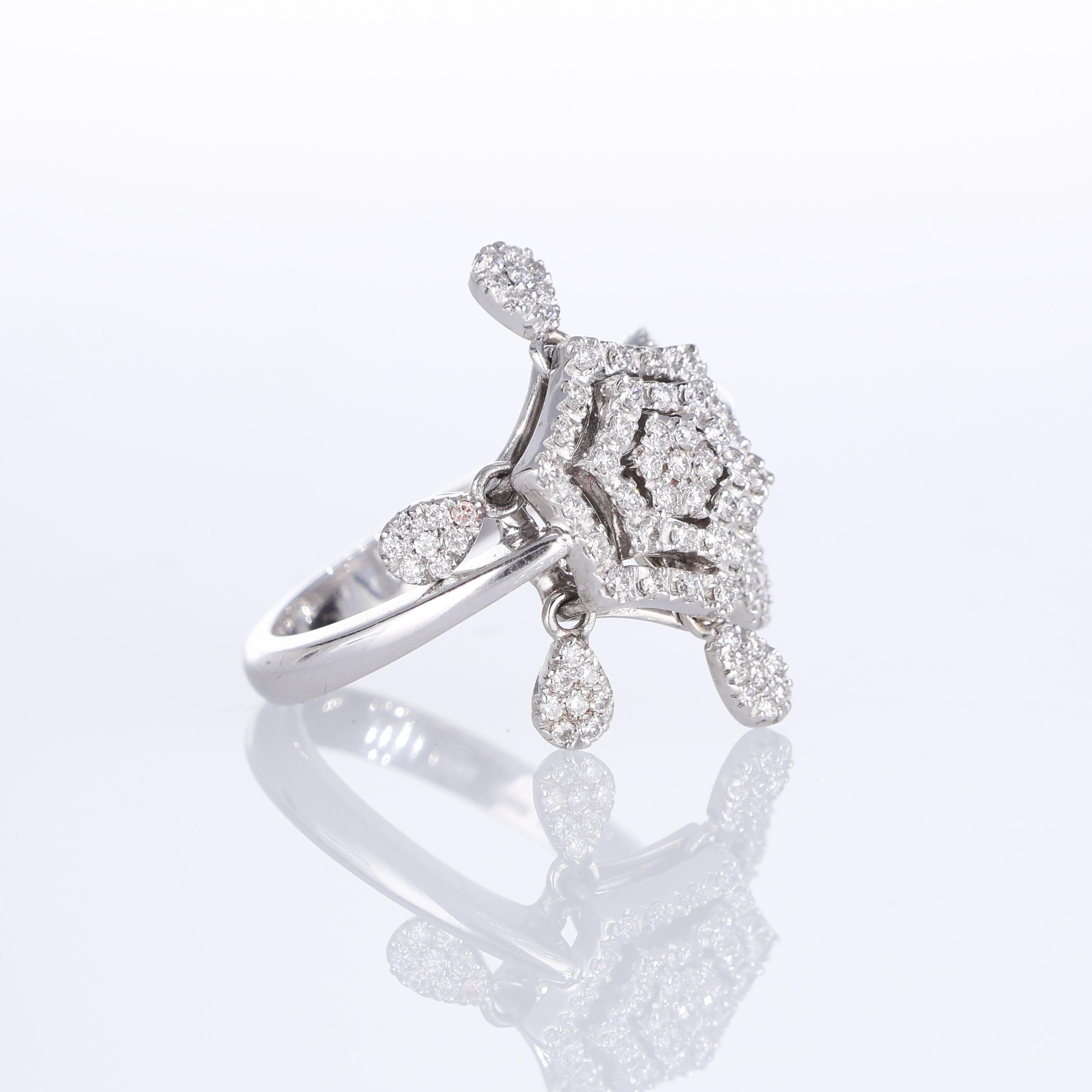 Brilliant Cut 18K White Gold Hexagonal Ring with Diamond Pave and Teardrop Pendants For Sale