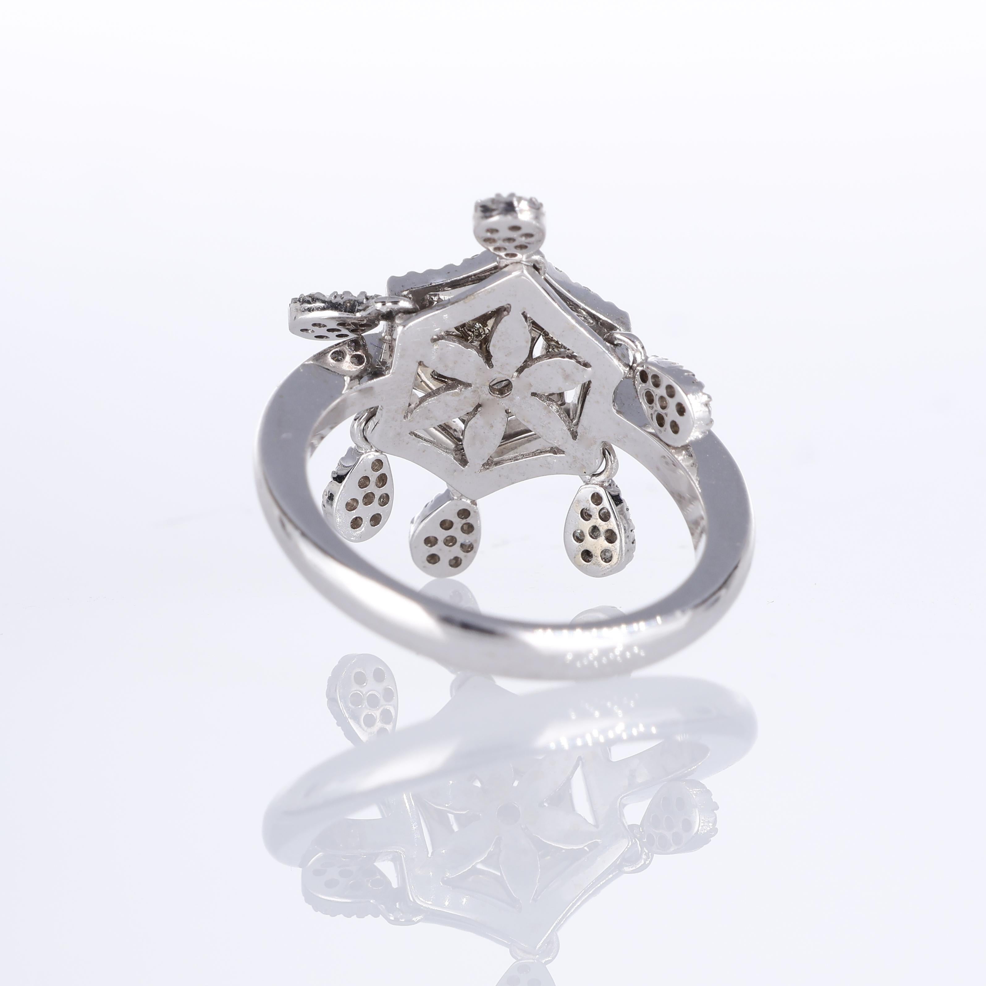 Women's or Men's 18K White Gold Hexagonal Ring with Diamond Pave and Teardrop Pendants For Sale