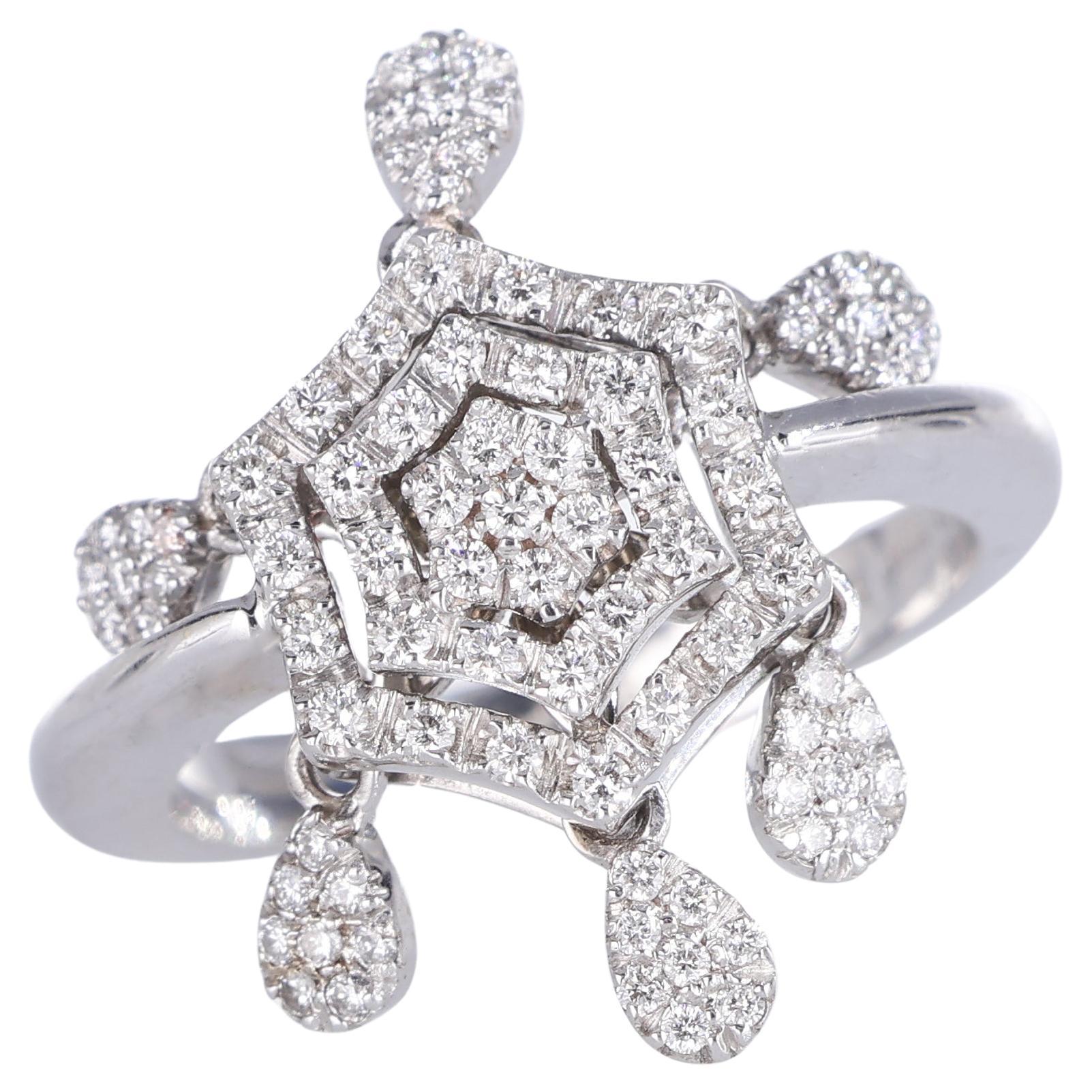 18K White Gold Hexagonal Ring with Diamond Pave and Teardrop Pendants For Sale