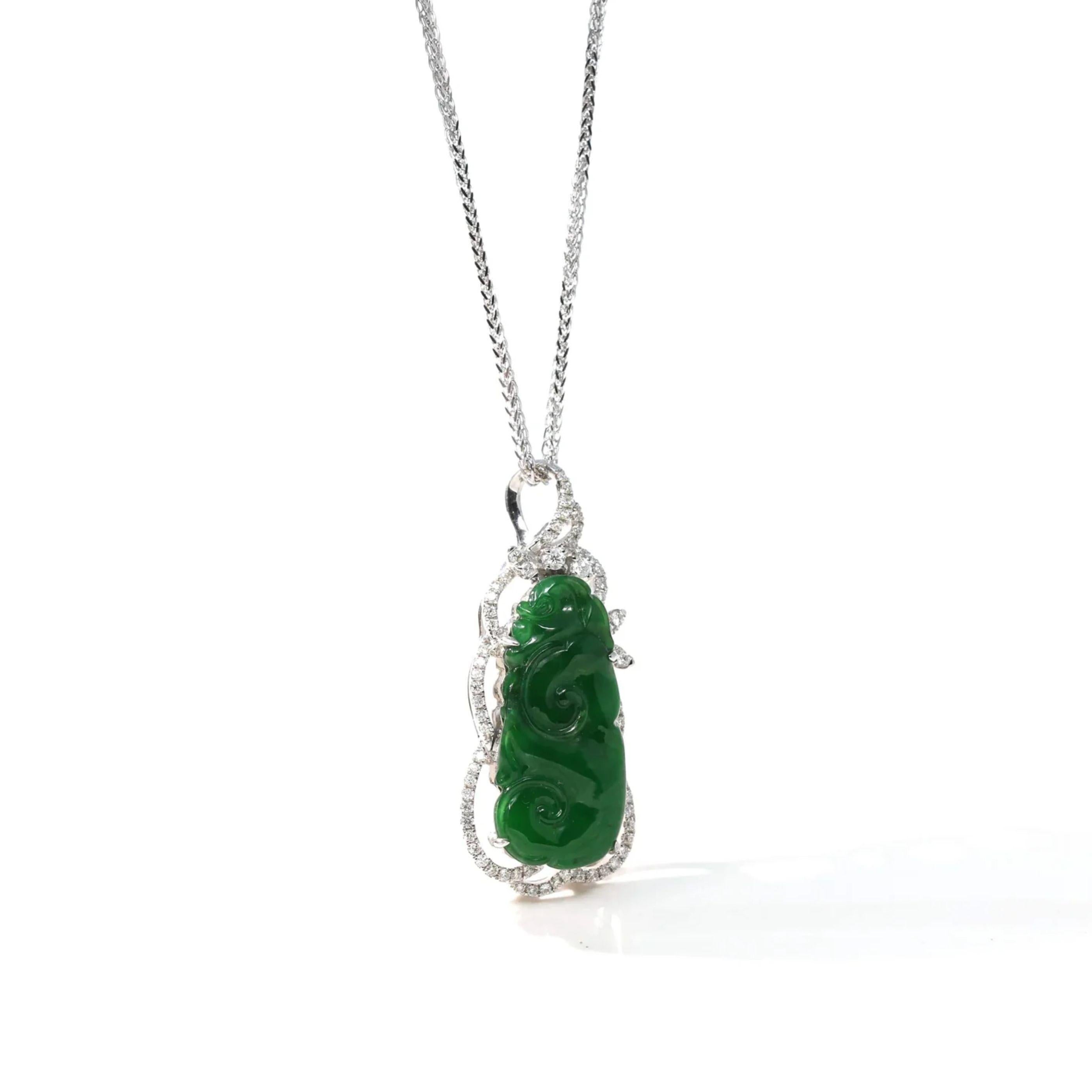 Artist 18k White Gold High-End Imperial Jadeite Jade as You Wish, Ruyi Necklace Diamond For Sale