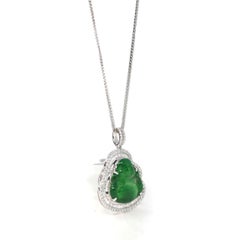 18k White Gold High-End Imperial Jadeite Jade Buddha Necklace with Diamonds