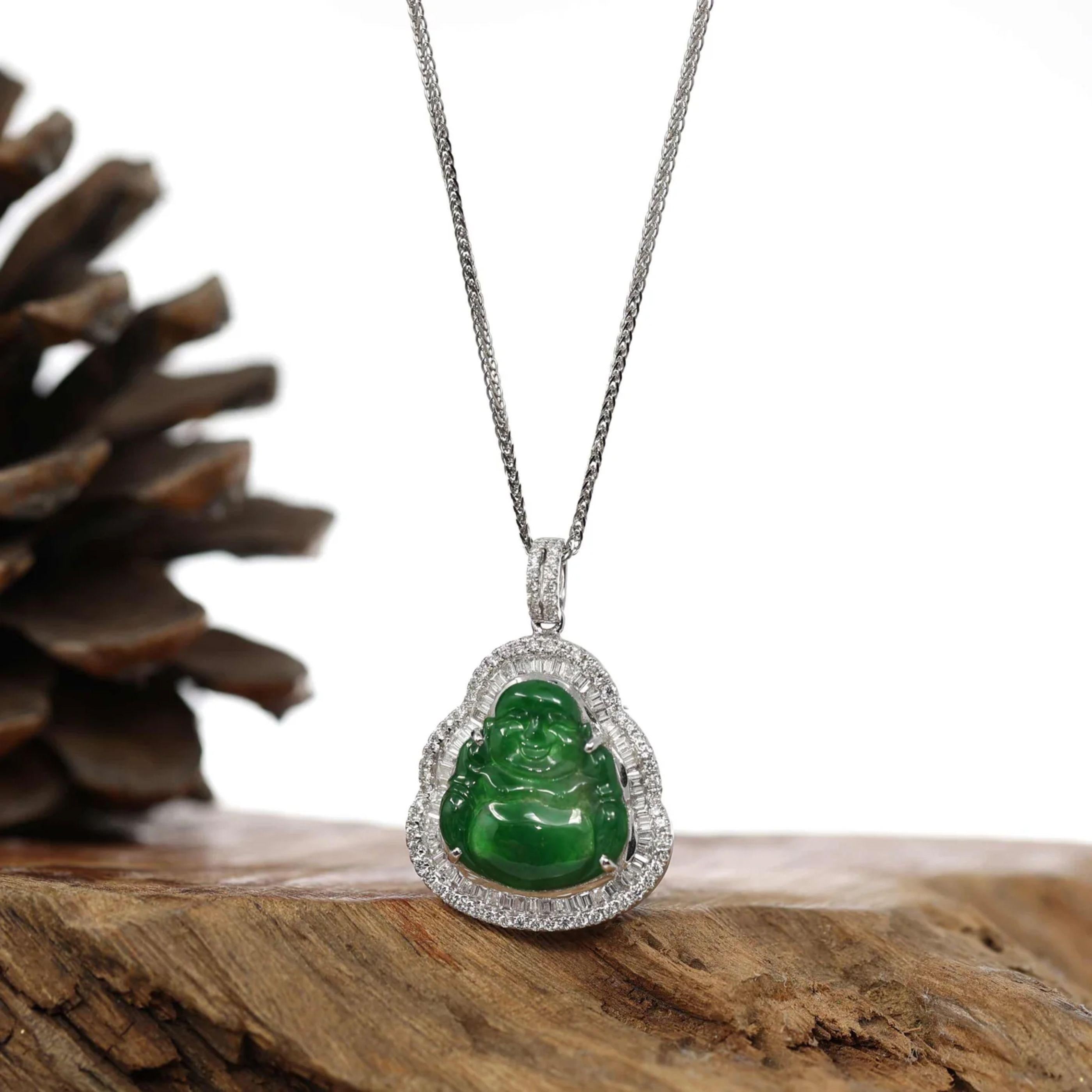 Artist 18k White Gold High-End Imperial Jadeite Jade Buddha Necklace with Diamonds For Sale