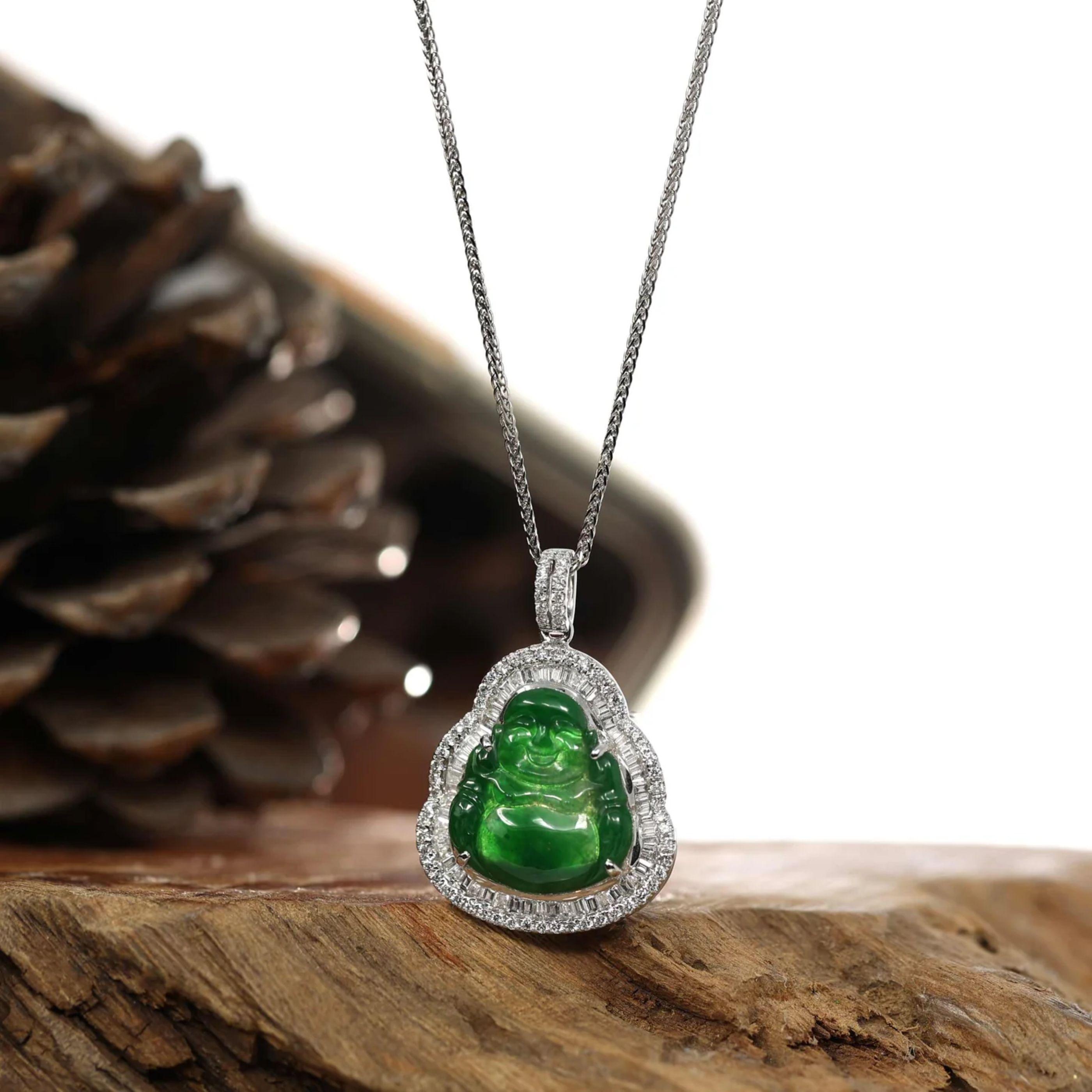 Cabochon 18k White Gold High-End Imperial Jadeite Jade Buddha Necklace with Diamonds For Sale